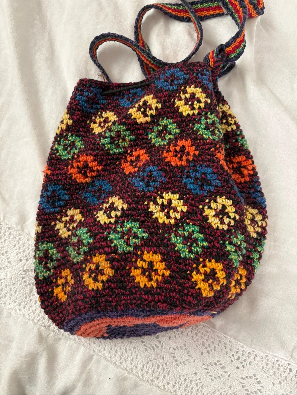 Artisan Made Hippie Boho Knit Crochet Colorful Hobo Bucket Bag